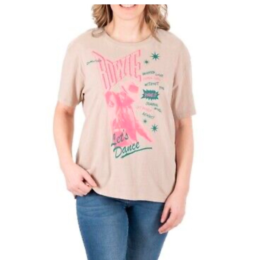 David Bowie Logo Licensed Womens Graphic T-Shirt Cream/Pink Short Sleeve Size L